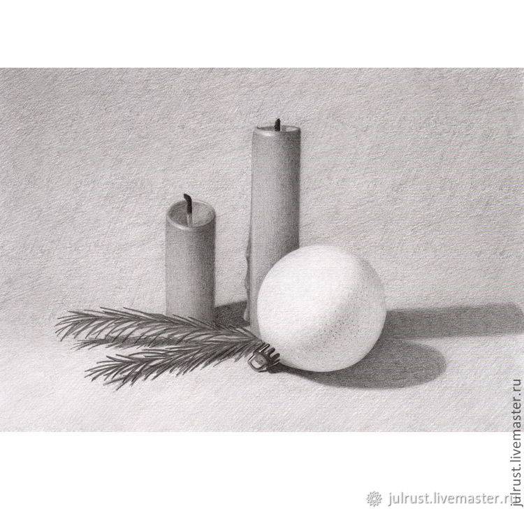Картина Новогодний натюрморт, рисунок карандашом серый белый графика в интернет