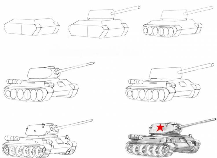 Поэтапная срисовка карандашом танк с красной звездой на боку