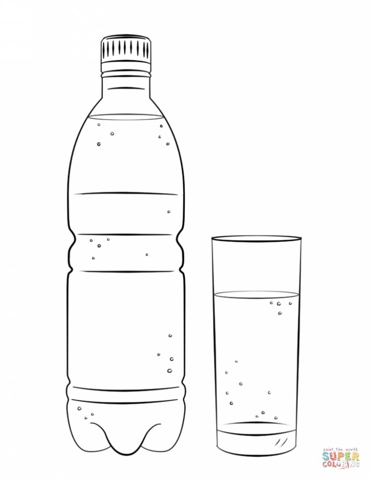 Раскраска Бутылка воды и стакан