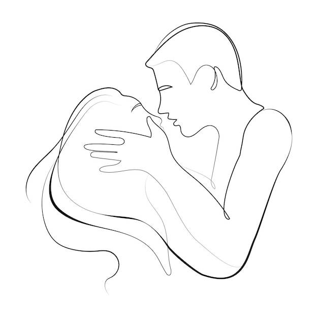 Линейное искусство мужчины и женщины целуются минимальный художественный вектор рисования