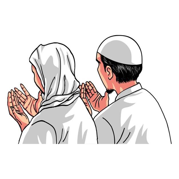 Мусульманин мусульманская пара мужчина женщина молиться молитва дуа рисунок мультфильм вектор