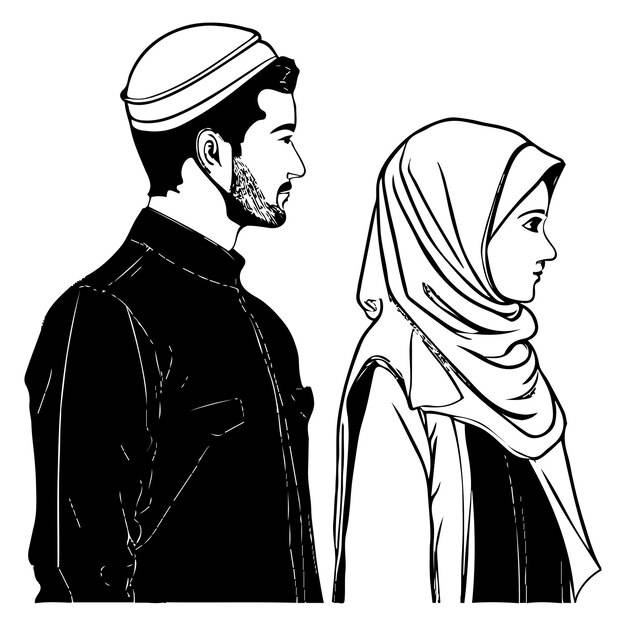 Мусульманская пара вектор черный контур эскиз иллюстрации, изолированные на белом фоне