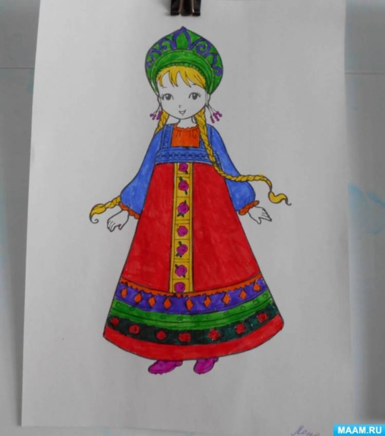 Выставка детских работ по рисованию «Русский народный костюм» в подготовительной группе 