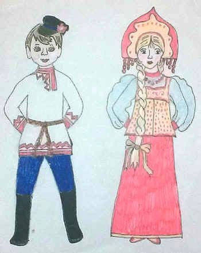 Русский народный праздничный костюм на урок ИЗО в рисунках