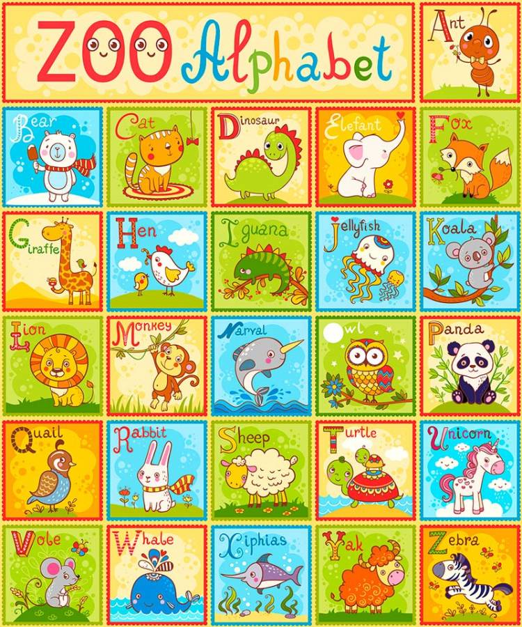 Английский алфавит для детей в красочных карточках с животными
