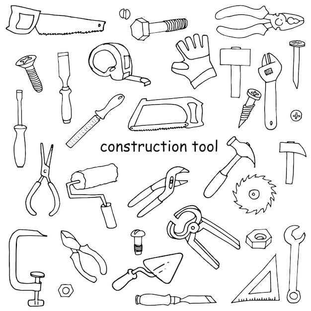 Векторный рисунок в стиле каракулей набор строительных инструментов для ремонта и строительства простая линия