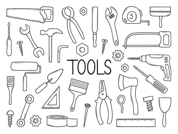 Ручной набор строительных инструментов каракули различные рабочие и строительные инструменты в стиле эскиза