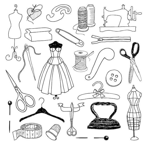 Контурные рисунки различных инструментов для шитья