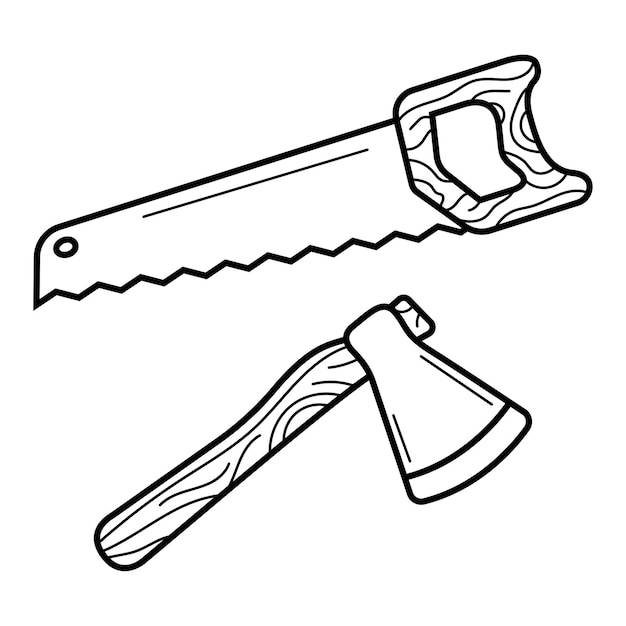 Пила и топор ручной рисунок элементов инструментов в стиле эскиза каракулей