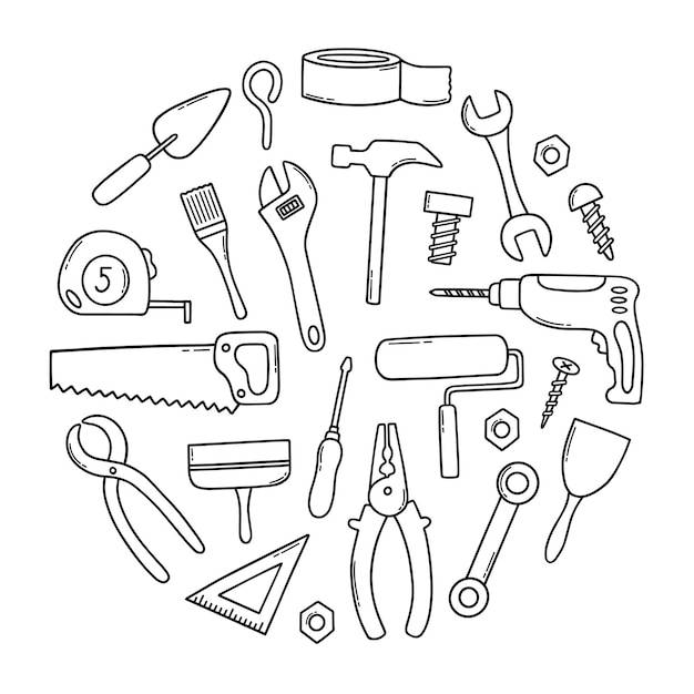 Ручной набор строительных инструментов каракули различные рабочие и строительные инструменты в стиле эскиза пильный молоток