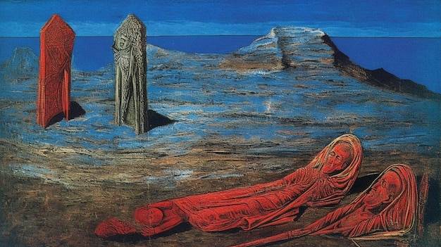 Картина человека, лежащего на земле с красным одеялом