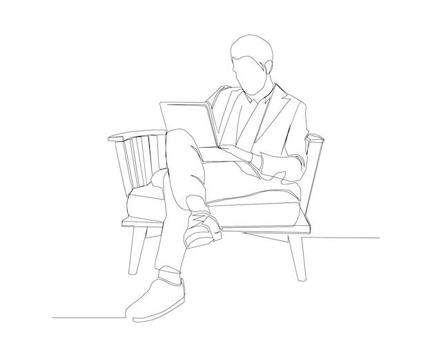Непрерывный рисунок линии делового человека, сидящего с ноутбуком