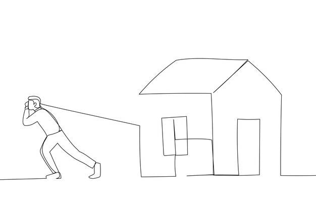 Рисунок человека, тянущего тяжелые дома единая непрерывная линия искусства