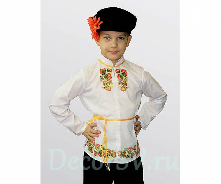 Русский народный костюм для мальчика в стиле Хохлома (рубаха, штаны, кепка, шнурок)