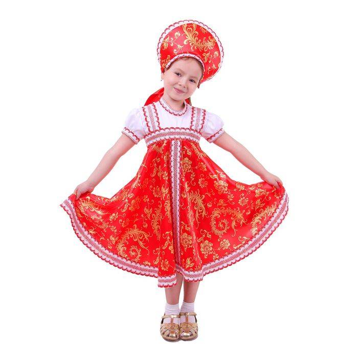 Русский народный костюм для девочки с кокошником, красно-бежевые узоры, р-р