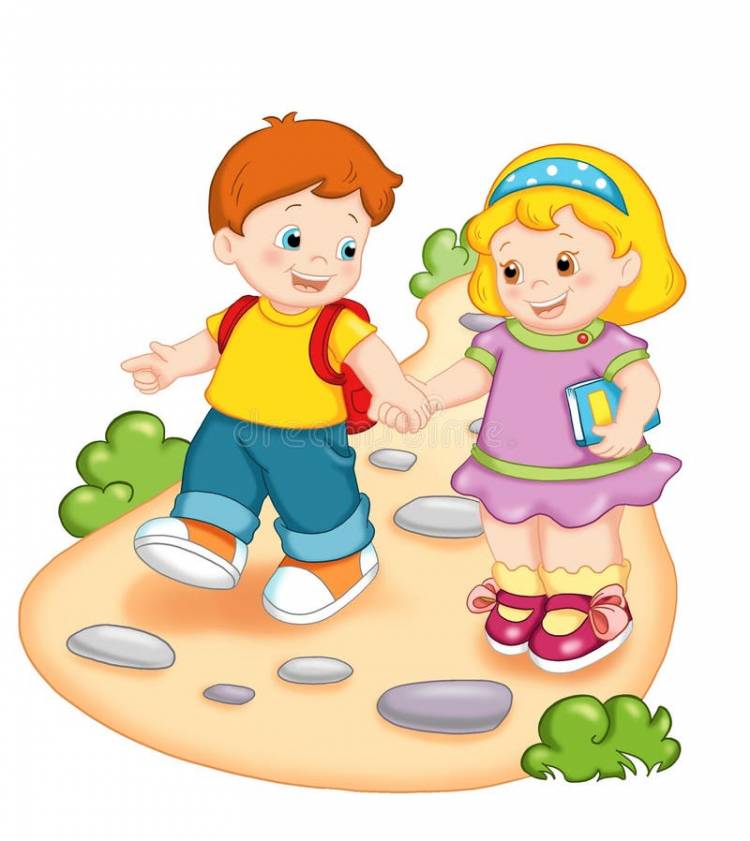 Счастливые красивые мальчик и девочка маленьких детей ходят в школу Иллюстрация вектора