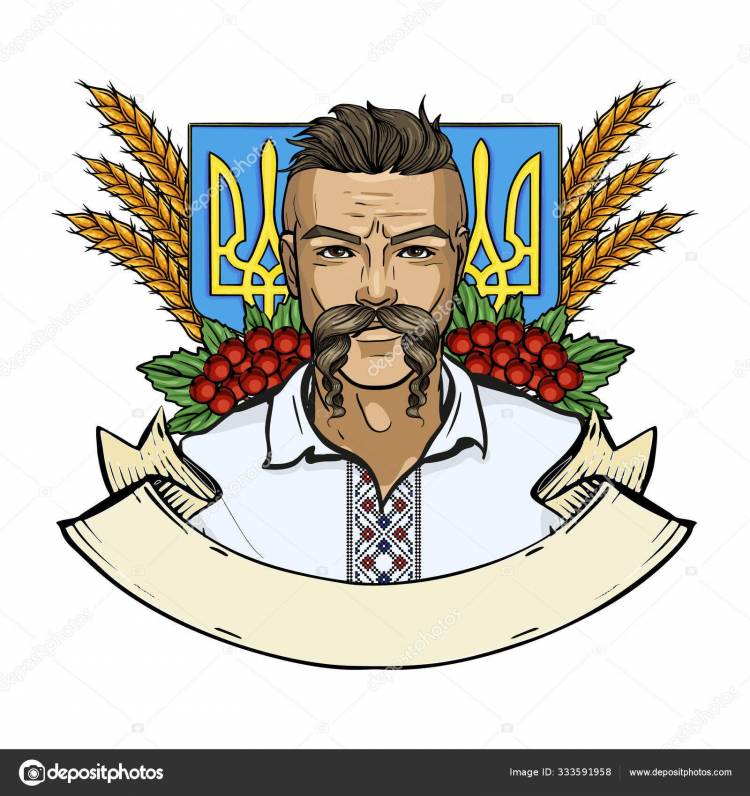 Ручной рисунок цвета, украинский козак с длинными усами и вышитой рубашкой