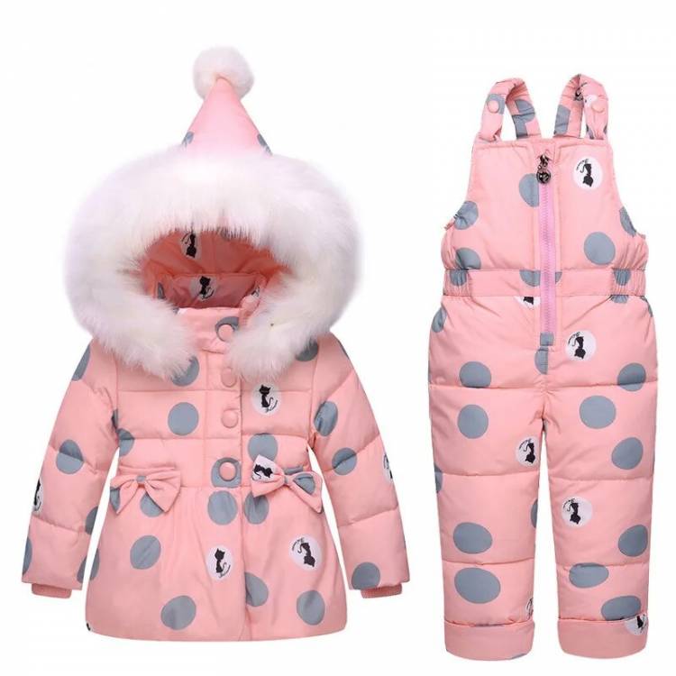 Зимняя одежда для девочек, зимний пуховик для девочек, зимний теплый костюм с капюшоном и рисунком в горошек для новорожденных, детский костюм