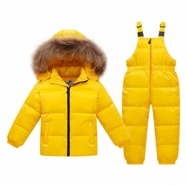 Детский зимний костюм с натуральным мехом на девочку желтый NZK