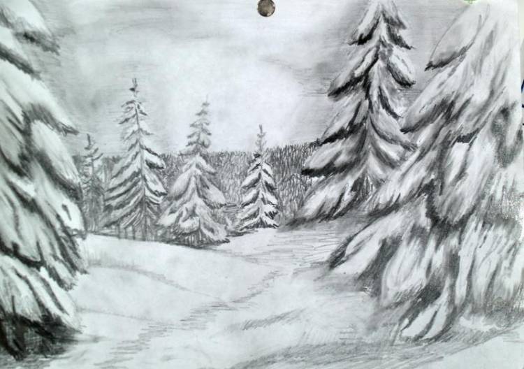 Зимний пейзаж рисунок карандашом