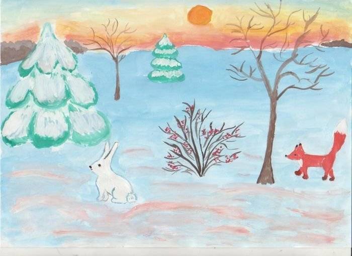 Животные в зимнем лесу рисунки детей легко 