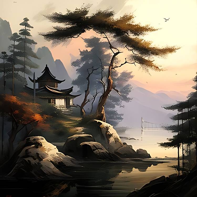 Иллюстрация Японский пейзаж в стиле академический рисунок, графика