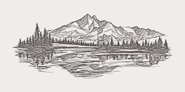 Лес и горы отражаются в векторном рисунке карандашом виньетки озера