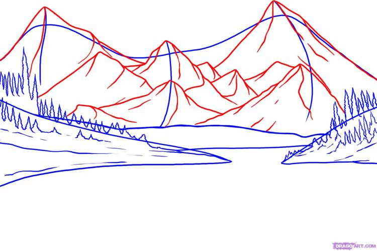 Как нарисовать озера возле гор карандашом поэтапно