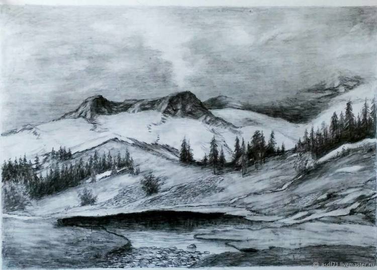 Картина карандаш Весна в горах (пейзаж, черный, белый) в интернет