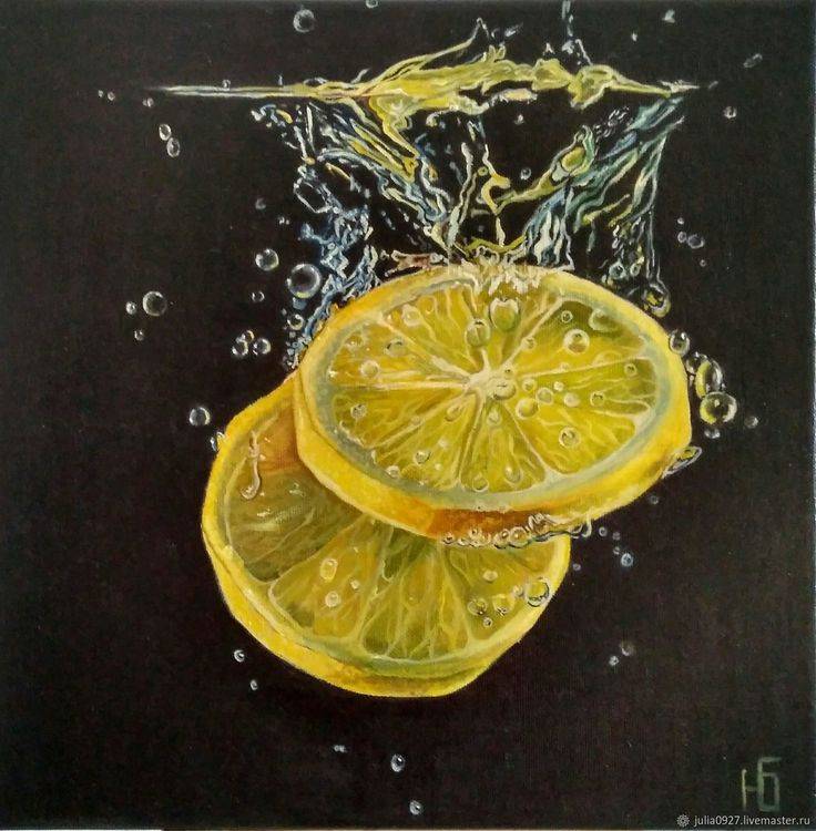 Картина маслом Дольки лимона на черном фоне гиперреализм на холсте в интернет