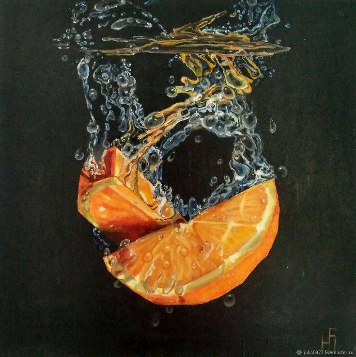 Картина маслом Дольки апельсина на черном фоне гиперреализм на холсте в интернет