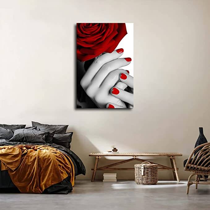 Художественный рисунок на черном и красном холсте с изображением женщин и красных роз, постер для макияжа и маникюра, художественный плакат для спа-салона, ванной комнаты