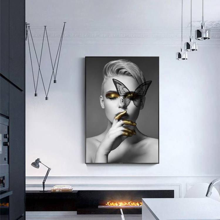 Абстрактные настенные рисунки Мода Женщина бабочка Губы Золотой и Белый Черный Современный дом Холст Живопись Красота Декор Плакаты