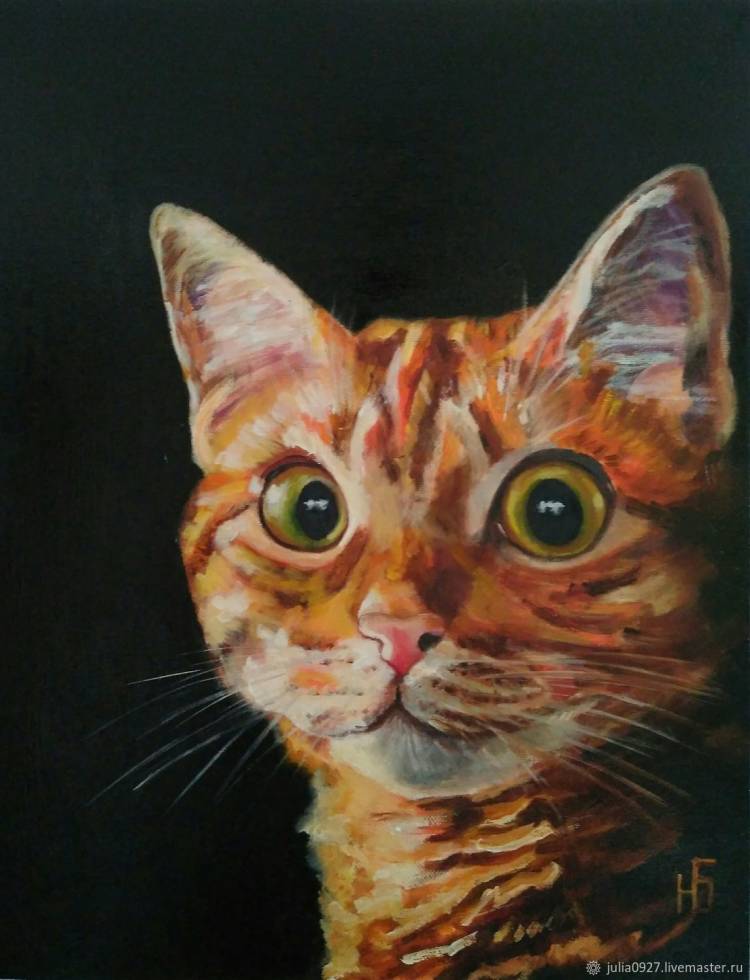 Картина маслом рыжий кот на черном фоне на холсте в интернет