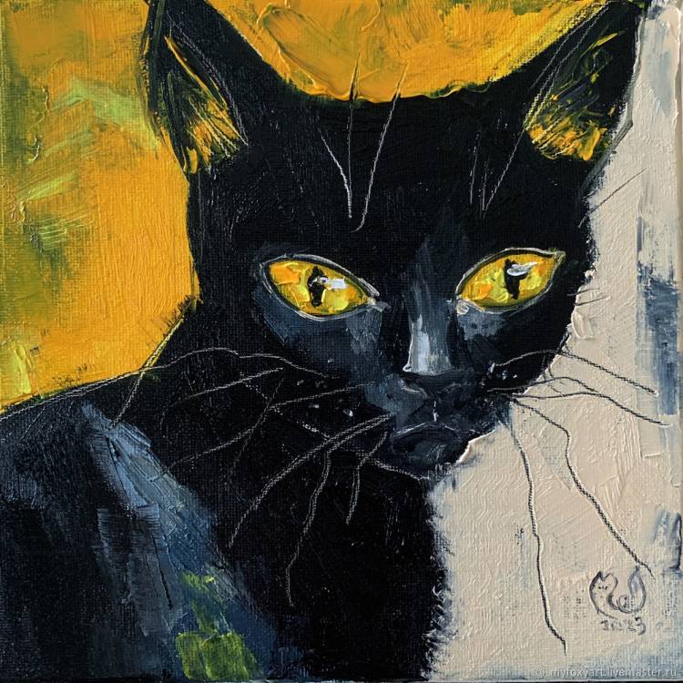 Кошечка, Картина маслом на холсте, картина с черным котом