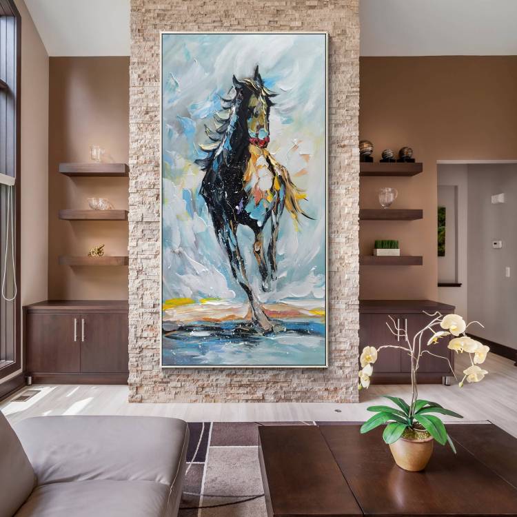 Лошадь текстурированная стена искусство черный белый светильник синий абстрактная лошадь живопись на холсте оригинальная живопись большая стена искусство рамка
