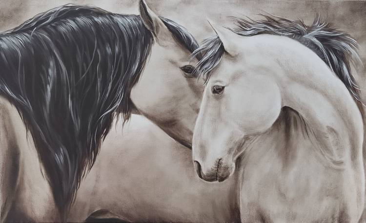 Картина маслом на холсте Две лошади белые в интернет