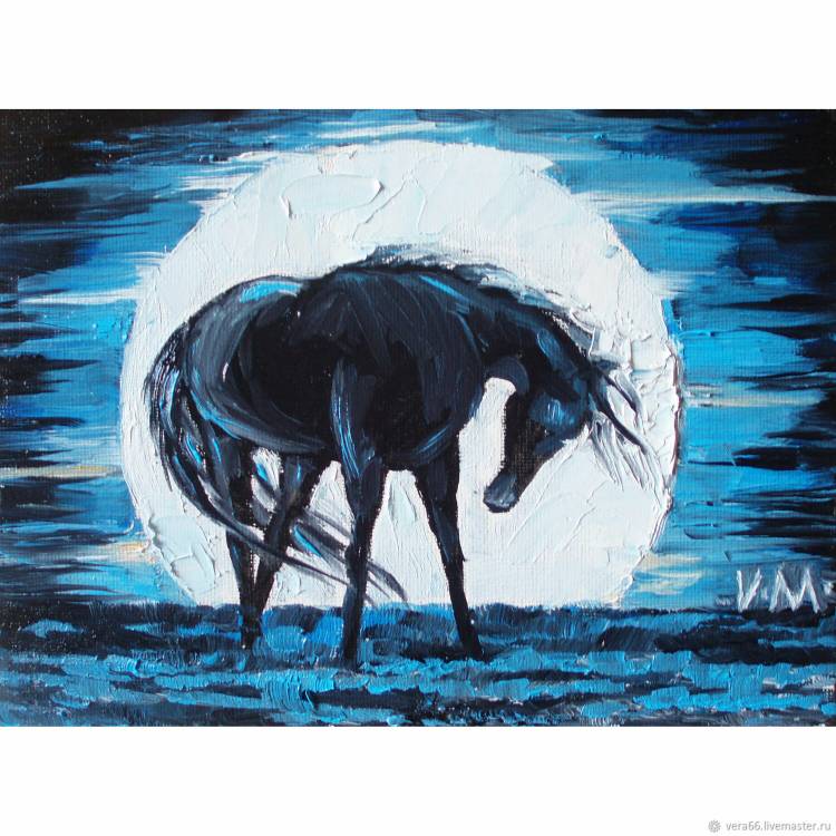 Картина Лошадь Конь Луна Ночь Силуэт Черный Голубой Холст Масло