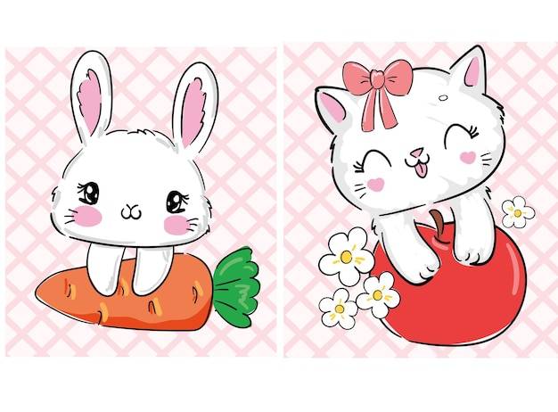 Ручной рисунок кота с яблоком с цветами и кролика с морковью симпатичная иллюстрация кролика