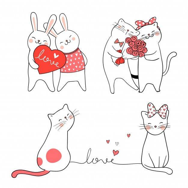 Нарисуйте милый кот и кролик для влюбленных