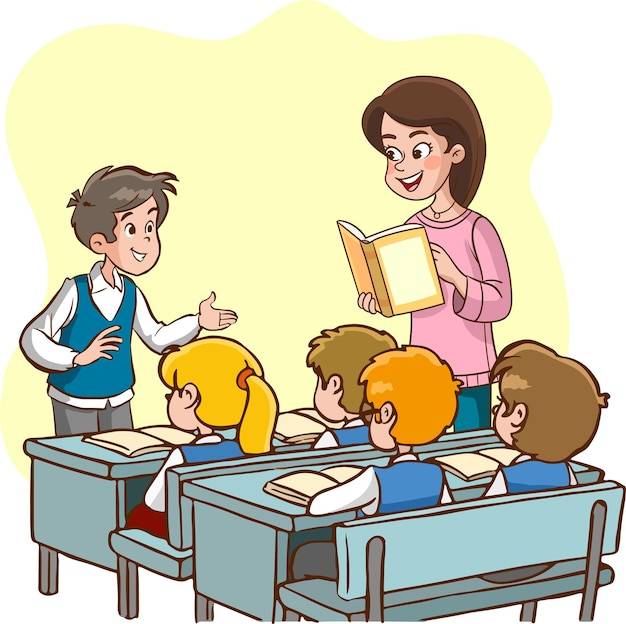 Учитель и ученики учатся в классе мультфильм вектор