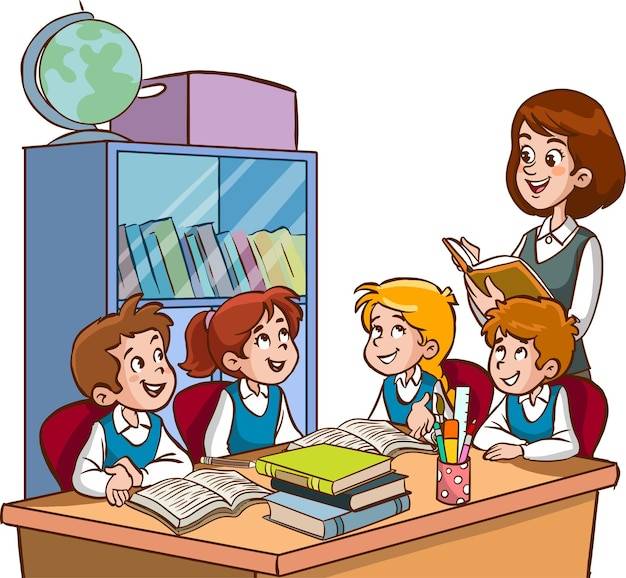 Учитель и ученики учатся в классе мультфильм вектор