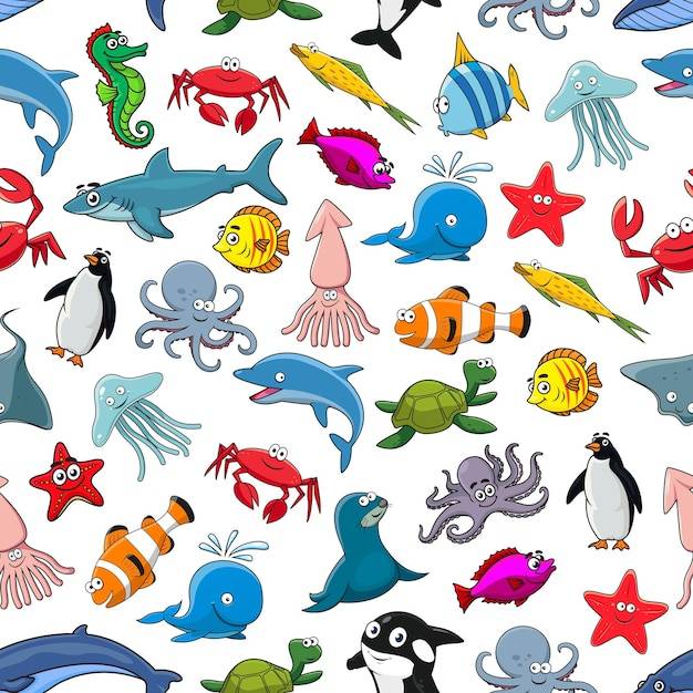 Мультяшный рисунок морской рыбы и морских животных