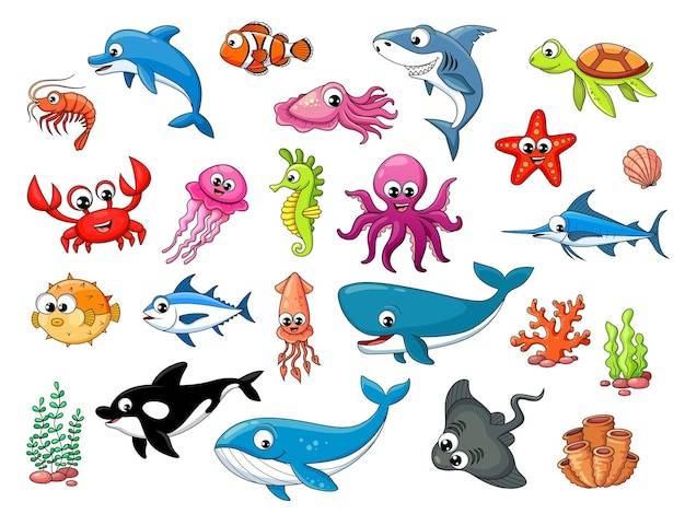 Мультяшные подводные животные персонажи морские рыбы