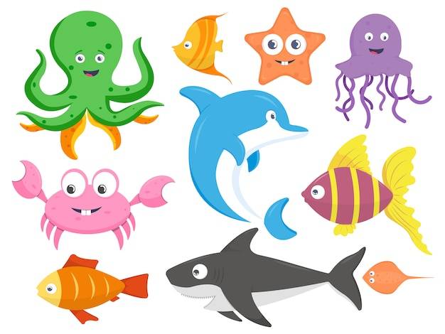 Коллекция морских животных мультяшный векторная иллюстрация