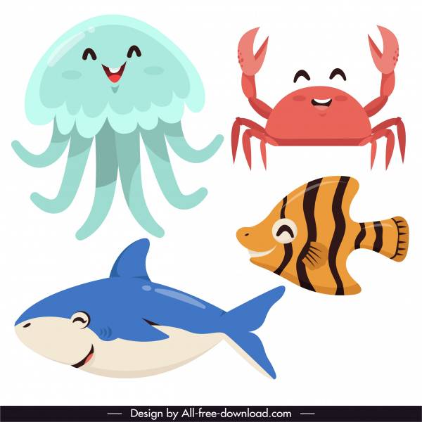 морские животные иконки забавный мультяшный персонаж эскиз-вектор Разное-свободный вектор Скачать бесплатно