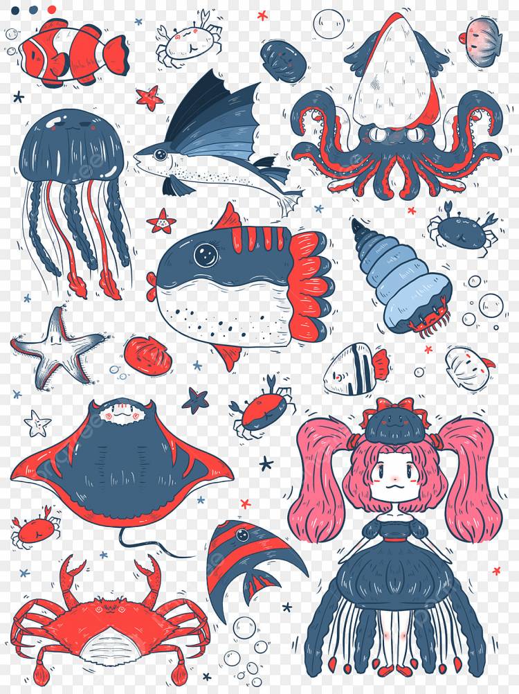Мультяшный рисованной морские животные пастельные простые штрихи медузы рыба краб кальмар PNG , морские животные клипарт, оригинал, коммерческая PNG картинки и пнг PSD рисунок для бесплатной загрузки