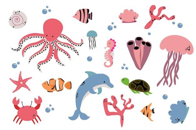 Мультяшные морские животные симпатичные морские рыбы, осьминоги и черепахи, медузы, крабы и тюлени подводные дикие существа, векторный набор иллюстраций eps