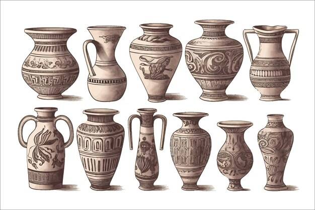 Греческие вазы, изолированные на фоне векторной иллюстрации мультфильма