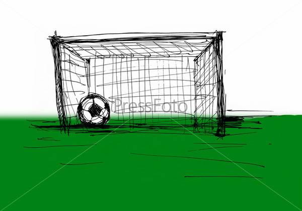 Фотография на тему Футбольный мяч и ворота, рисунок на белом фоне